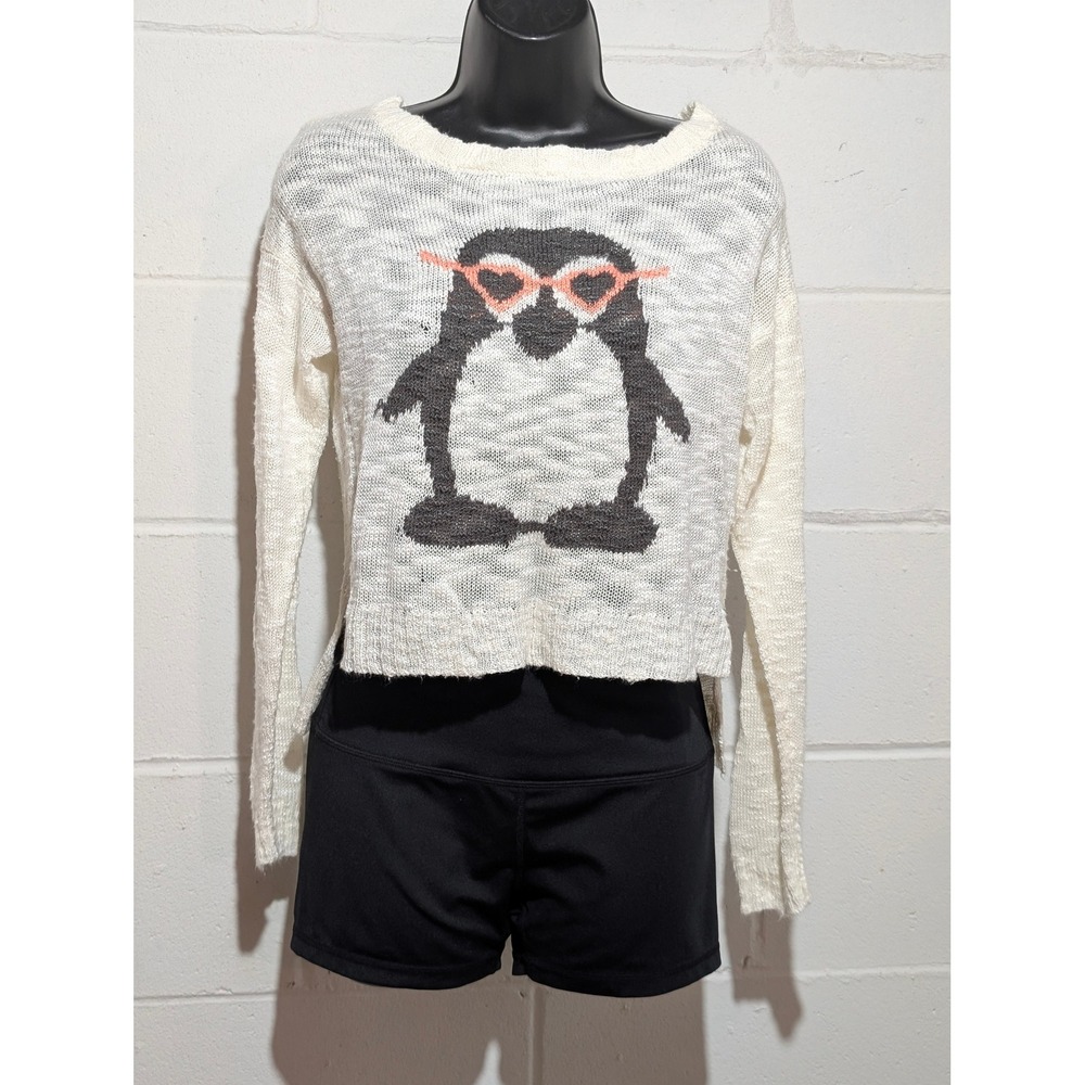 dELiA's Y2K Womens Cream Penguin Heart Sunshade Knit Sweater Cropped Top Medium